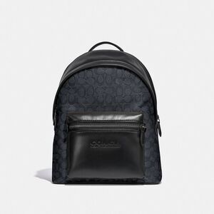 Coach Charter Leather Backpack Medium Signature Jacquard Charcoal Black C2670